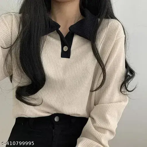 Women Korean Styles top _ Summer Wear _ Casual Wear _ Long Sleeve _ polo T-shirt _ Styles Design  ( ivory) (s).webp