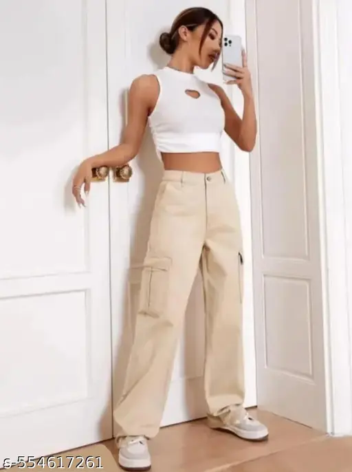 Women Premium Cotton Wide Leg 4Pocket Cargo/Trousers Pants/Relaxed Fit Cargo Pants/Skin      