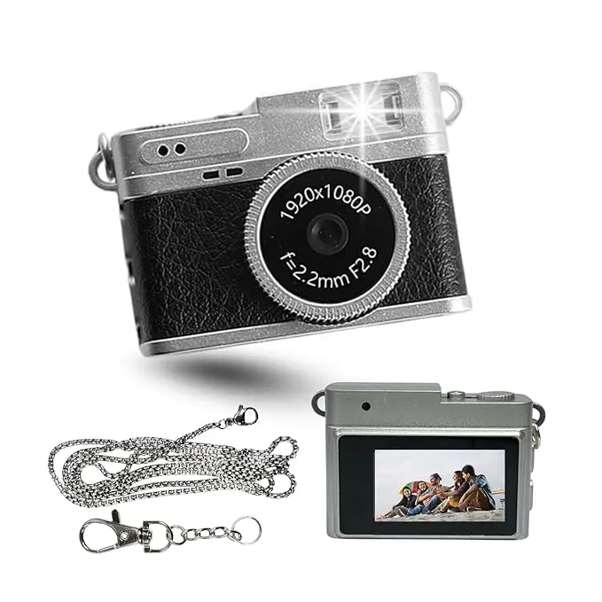 Mini Digital Camera with Filter Mode, 1080p Video, Flash Light, Leather Texture – Small Working Camera with Metal Keychain – Compact for Travel, Gifts & Fun Shooting (Black)