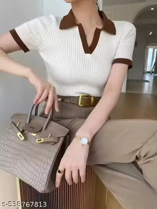 Chic Ribbed Knit Contrast Collar Polo Top