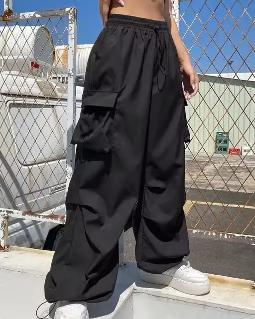 Trendy Black Cargo Pants for Girls | Korean Street Style Wide Leg Trousers