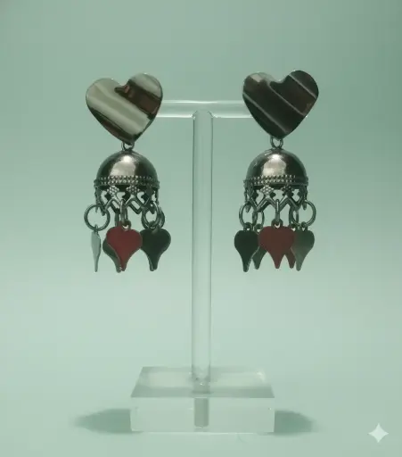 Vintage Silver Heart Dangle Earrings with Red Accents – Romantic Boho Statement Jewelry