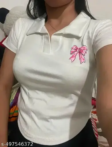 White Polo Shirt with Pink Bow Embroidery